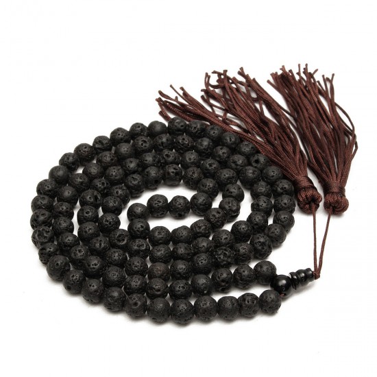 8mm Black Round Volcano Stone Beads Buddhist Necklace Unisex