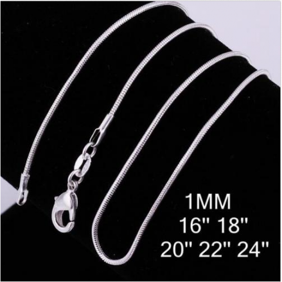 925 Silver Plated 1MM Snake Simple Chain Necklace 16 18 20 22 24 inch