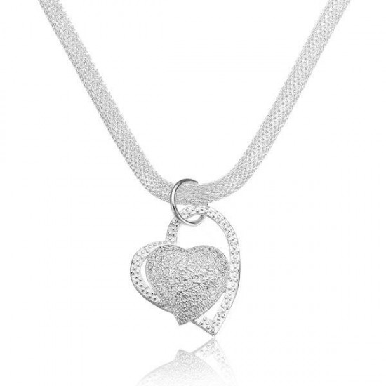 925 Silver Plated Inlaid Heart Pendant Net Chain Necklace For Women