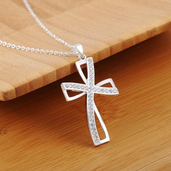 925 Sterling Silver Plated Women Cross Necklace Crystal Chain Jewelry