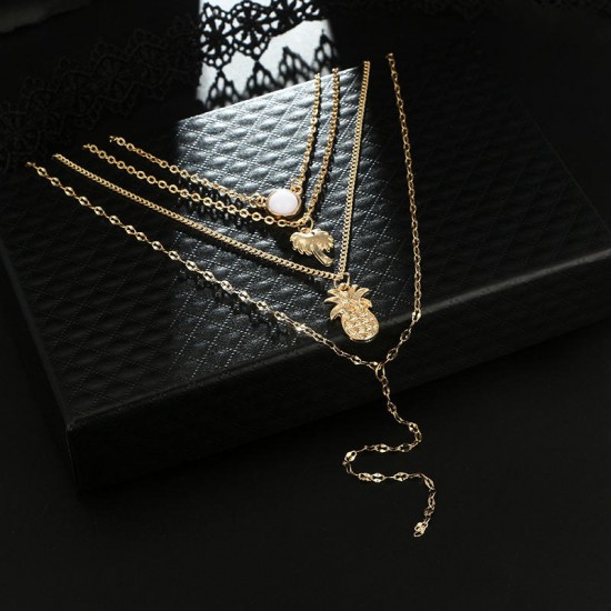 Boehmian Multilayer Gold Necklace Pineapple Coconut Tree Tassels Pendant Necklace for Women