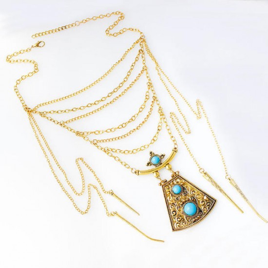 Bohemia Folk Style Shield Turquoise Pendant Multilayer Tassel Necklace Pendant For Women