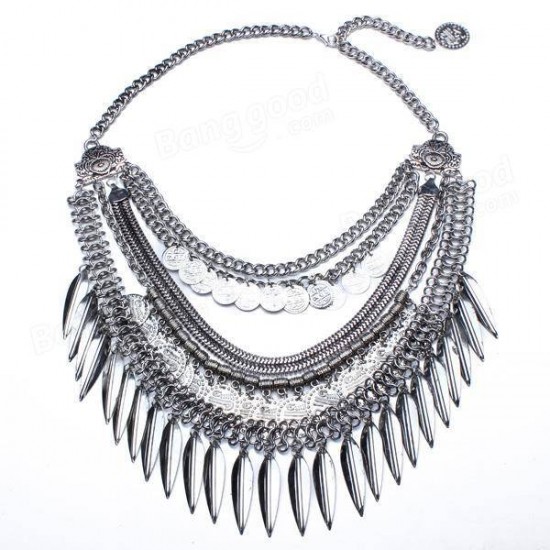 Bohemia Multilayer Coins Leaves Tassel Pendant Statement Necklace