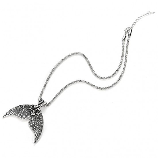Bohemian Antique Silver Mermaid Tail Pendant Necklace for Women Vintage Beach Party Jewelry Gift