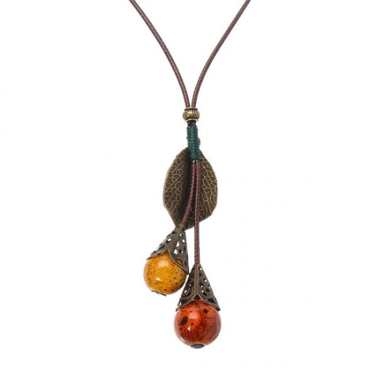 Handmade Ceramic Colorful Beads Ball Leaf Leather Rope Vintage Long Necklace for Women Handmade Ceramic Colorful Beads Ball Leaf Leather Rope Vintage Long Necklace for Women