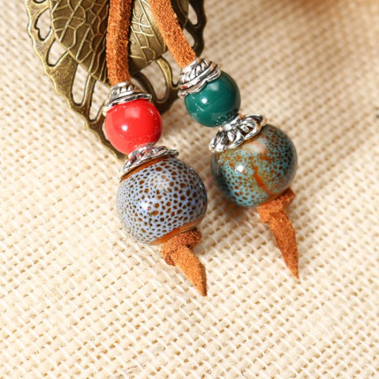 Handmade Ceramic Colorful Beads Ball Leaf Leather Rope Vintage Long Necklace for Women Handmade Ceramic Colorful Beads Ball Leaf Leather Rope Vintage Long Necklace for Women