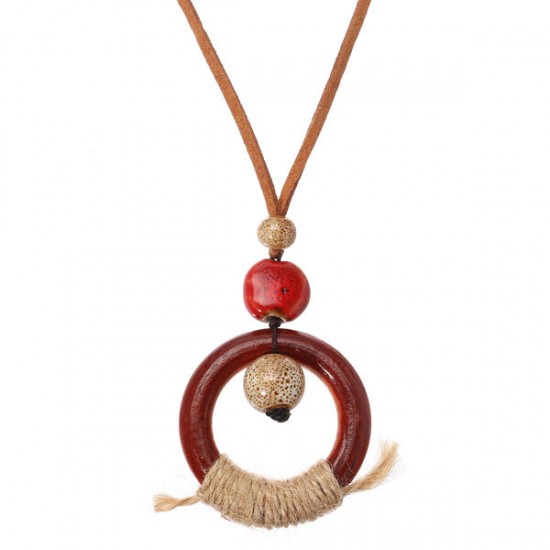 Handmade Ceramic Colorful Beads Ball Leaf Leather Rope Vintage Long Necklace for Women Handmade Ceramic Colorful Beads Ball Leaf Leather Rope Vintage Long Necklace for Women