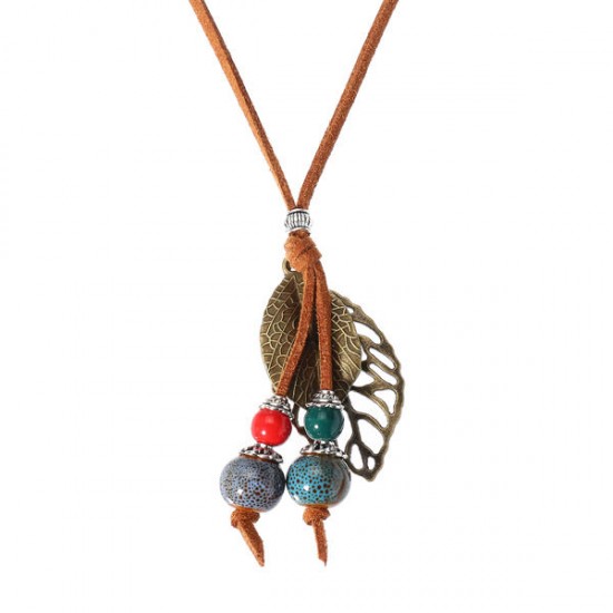 Handmade Ceramic Colorful Beads Ball Leaf Leather Rope Vintage Long Necklace for Women Handmade Ceramic Colorful Beads Ball Leaf Leather Rope Vintage Long Necklace for Women
