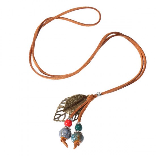 Handmade Ceramic Colorful Beads Ball Leaf Leather Rope Vintage Long Necklace for Women Handmade Ceramic Colorful Beads Ball Leaf Leather Rope Vintage Long Necklace for Women