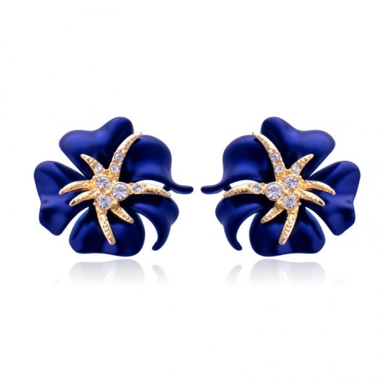 1 Pair Elegant Brilliant Blue Red Blooming Flowers Golden Rhinestones Stud Earrings