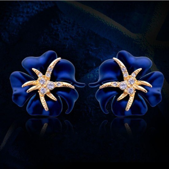 1 Pair Elegant Brilliant Blue Red Blooming Flowers Golden Rhinestones Stud Earrings
