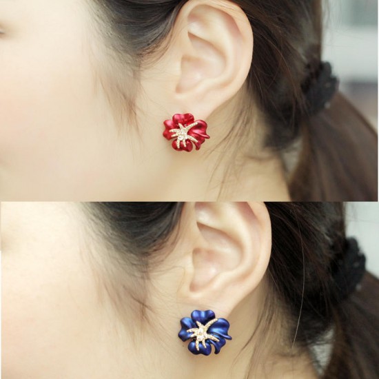 1 Pair Elegant Brilliant Blue Red Blooming Flowers Golden Rhinestones Stud Earrings 1 Pair Elegant Brilliant Blue Red Blooming Flowers Golden Rhinestones Stud Earrings