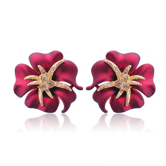 1 Pair Elegant Brilliant Blue Red Blooming Flowers Golden Rhinestones Stud Earrings