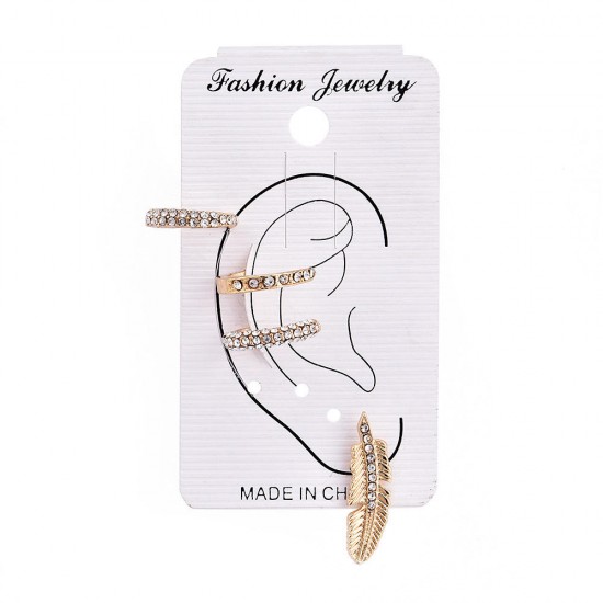 4Pcs Rhinestones Earring Set Gold Ear Clip Leaf Ear Stud Earrings Gift for Women