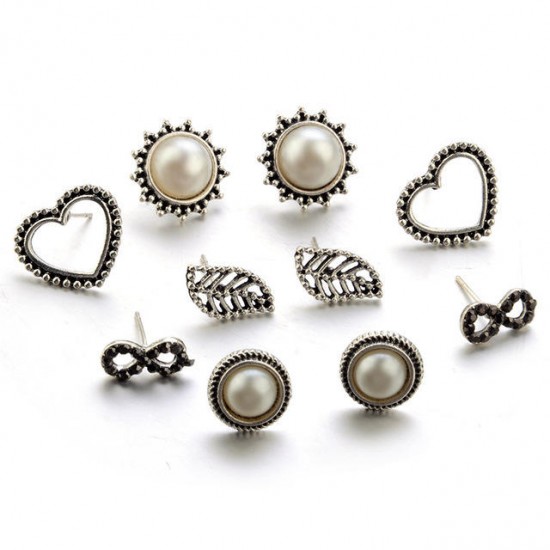 5Pcs Love Pearls Openwork Leaves Leaves 8 Character Stud Earring