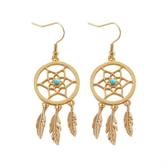 Bohemia Dreamcatcher Feather Charm Earrings Women Gold Colors Leaf Hollow Earrings