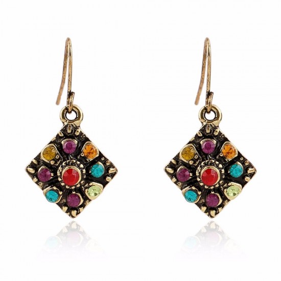 Bohemian Colorful Diamond Ear Drop Square Alloy Rhinestone Earring For Women