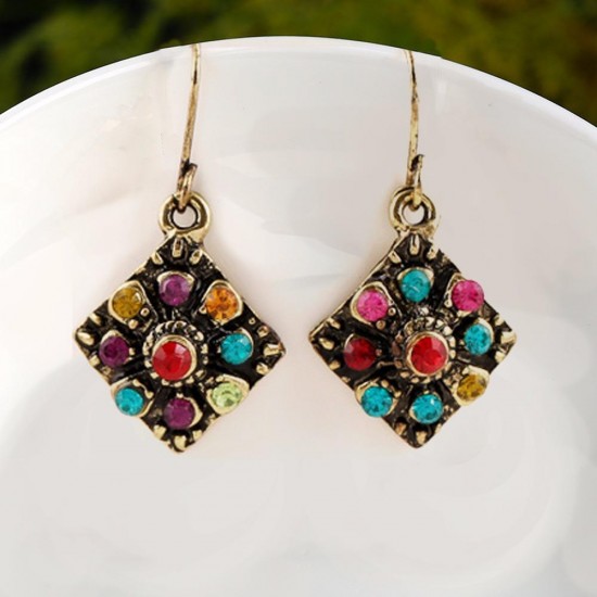 Bohemian Colorful Diamond Ear Drop Square Alloy Rhinestone Earring For Women