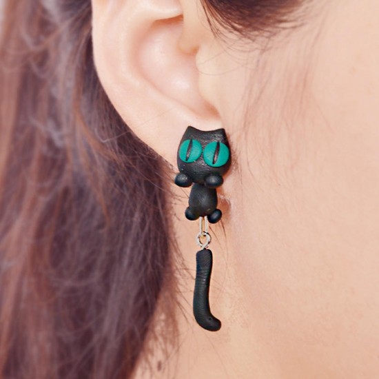 Cute Animal Black Cat Stud Little Kitty Soft Clay Drop Casual Earrings
