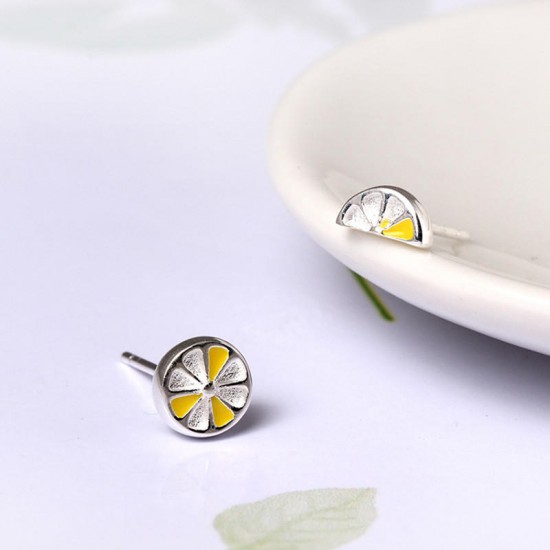 Cute Fresh Lemon Stud Earring 925 Sterling Silver Asymmetric Womens Piercing Fruit Earring