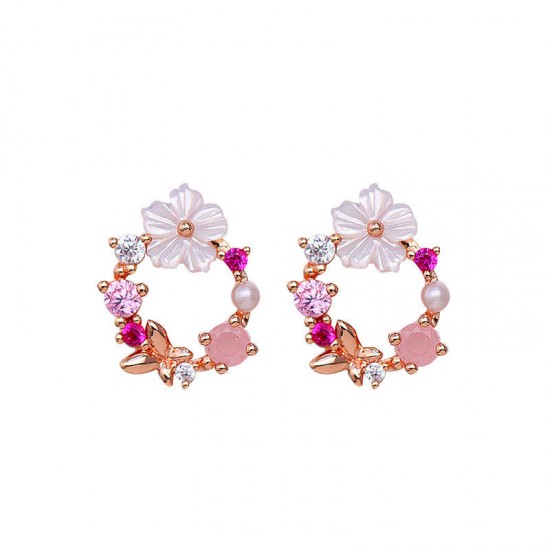 Cute Womens Stud Earring 925 Sterling Silver Needle Shell Flower Butterfly Zirconia Earrings