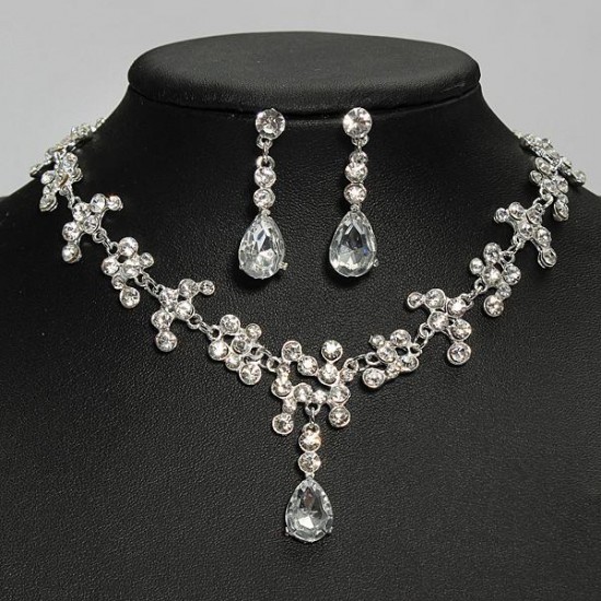 Silver Plated Crystal Necklacee Earrings Bridal Jewelry Set Wedding