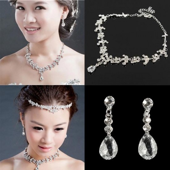 Silver Plated Crystal Necklacee Earrings Bridal Jewelry Set Wedding