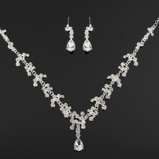 Silver Plated Crystal Necklacee Earrings Bridal Jewelry Set Wedding