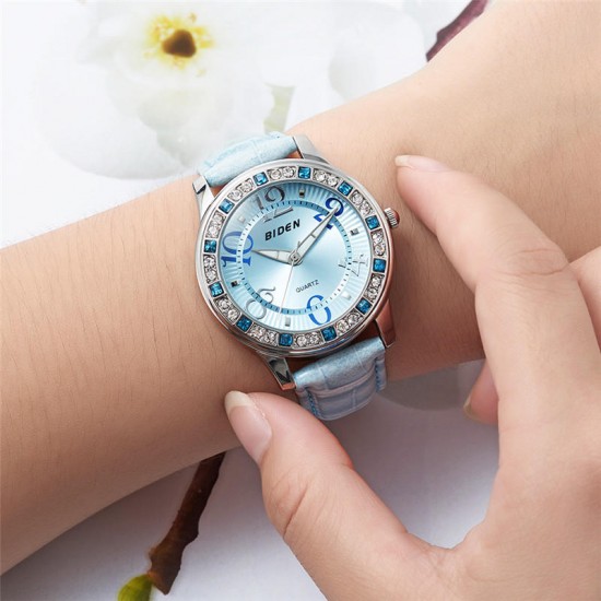 BIDEN BD1110 Classic Crystal Women Wrist Watch Leather Strap Casual Quartz Watch