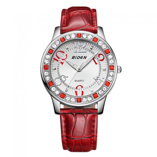 BIDEN BD1110 Classic Crystal Women Wrist Watch Leather Strap Casual Quartz Watch