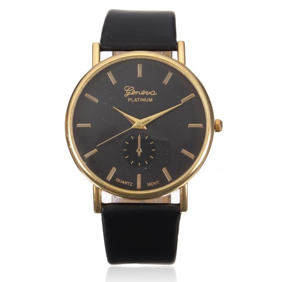 Casual Simple Face Gold Case PU Leather Men Women Wrist Watch