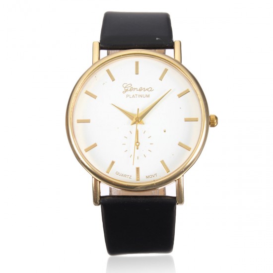 Casual Simple Face Gold Case PU Leather Men Women Wrist Watch