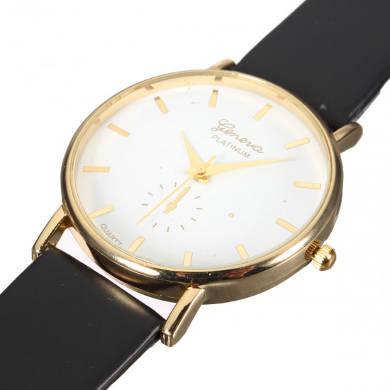 Casual Simple Face Gold Case PU Leather Men Women Wrist Watch