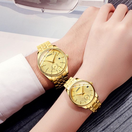 CHENXI CX-069A Gold Case Full Steel Couple Watch Waterproof Date Display Quartz Wrist Watch