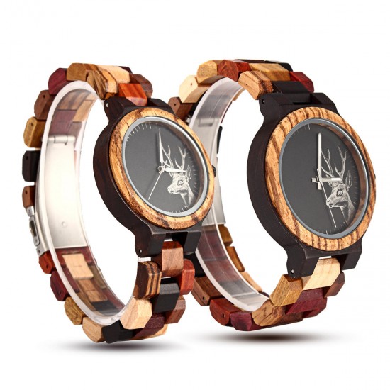 Elk Deer Colorful Wooden Watch for Men Women Natural Wood Couple Quartz Watch
