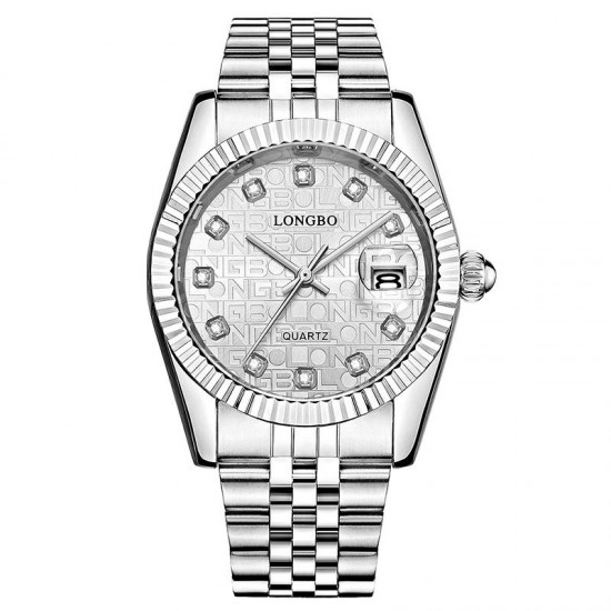 LONGBO 80435 Fashion Crystal Dial Full Steel Simple Date Display Waterproof Couple Quartz Watch