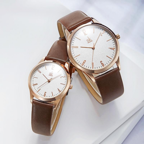 SHENGKE SK K9003 Couple Leather Simple Dial Elegant Ultra-thin Case Men Women Quartz Watch