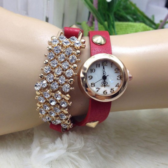 Casual Crystal Rivets Bracelet PU Leather Band Wrist Watch