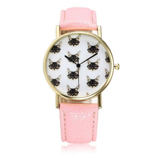 Casual Cute Cats Wear Glassess PU Leather Band Quartz Women Wrist Watch