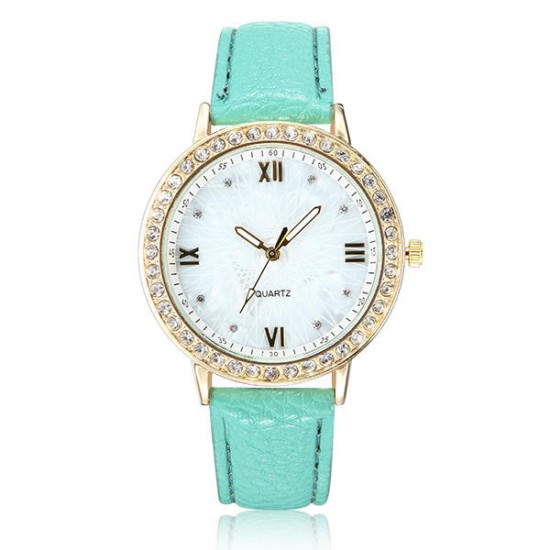 Casual Fashion Crystal PU Leather Band Women Analog Quartz Wrist Watch