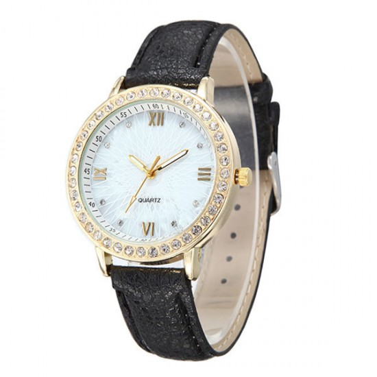 Casual Fashion Crystal PU Leather Band Women Analog Quartz Wrist Watch