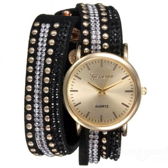 Casual Rivet Crystal Wrap Strap Analog Women Bracelet Watch