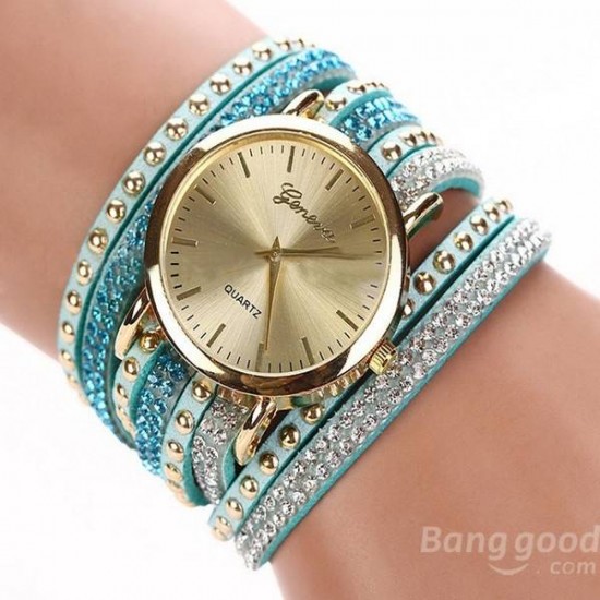 Casual Rivet Crystal Wrap Strap Analog Women Bracelet Watch