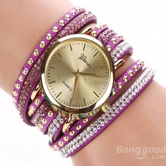 Casual Rivet Crystal Wrap Strap Analog Women Bracelet Watch