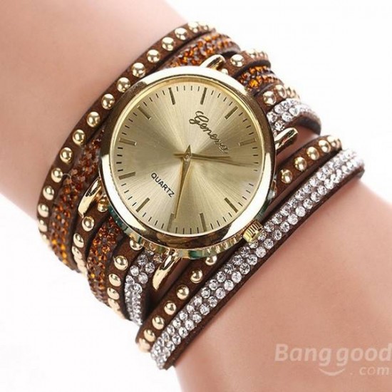 Casual Rivet Crystal Wrap Strap Analog Women Bracelet Watch