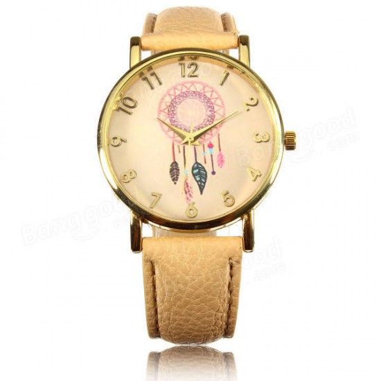 Casual Women Dreamcather Feather PU Leather Band Quartz Wrist Watch