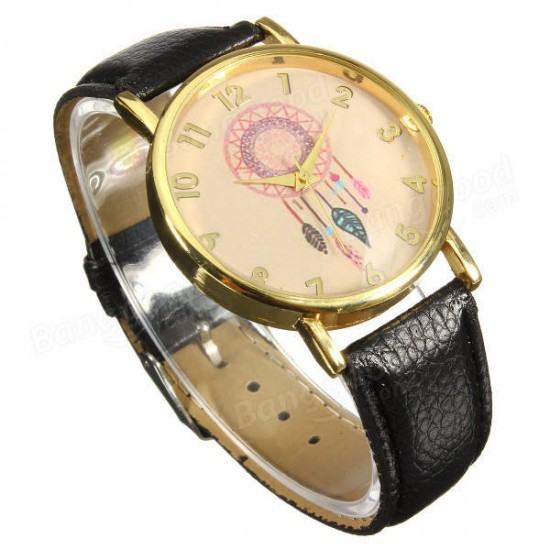 Casual Women Dreamcather Feather PU Leather Band Quartz Wrist Watch