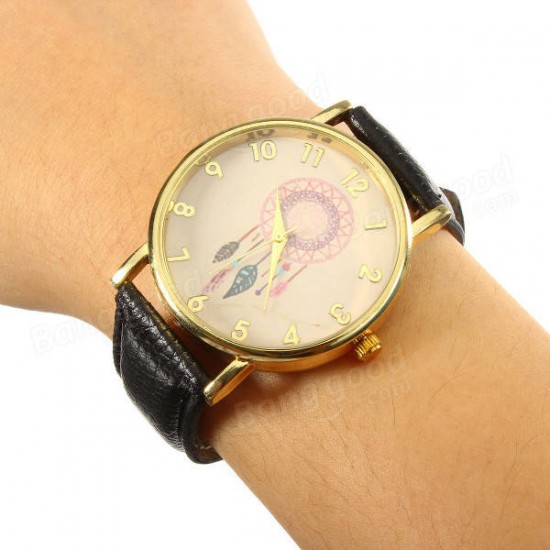 Casual Women Dreamcather Feather PU Leather Band Quartz Wrist Watch