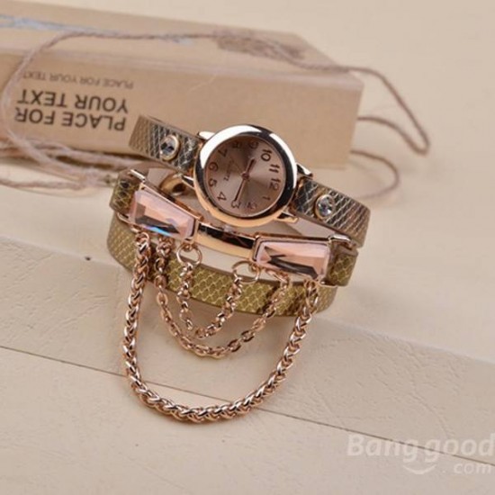 Casual Women Rhinestone Chain Leather Band Wrist Watch