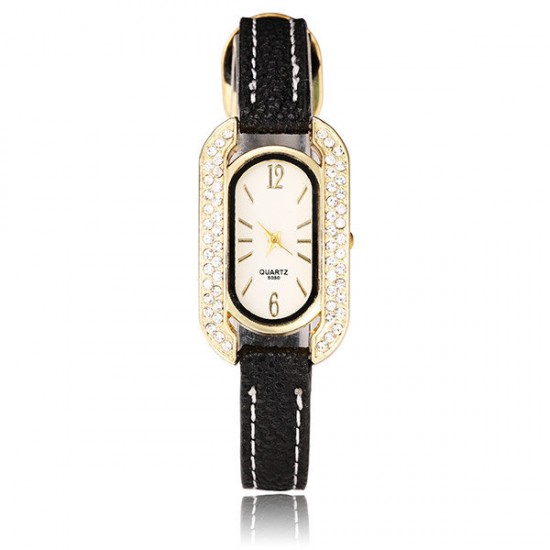 Fashion Women Oval Rhinestone Dial Leather Long Band Quartz Watch